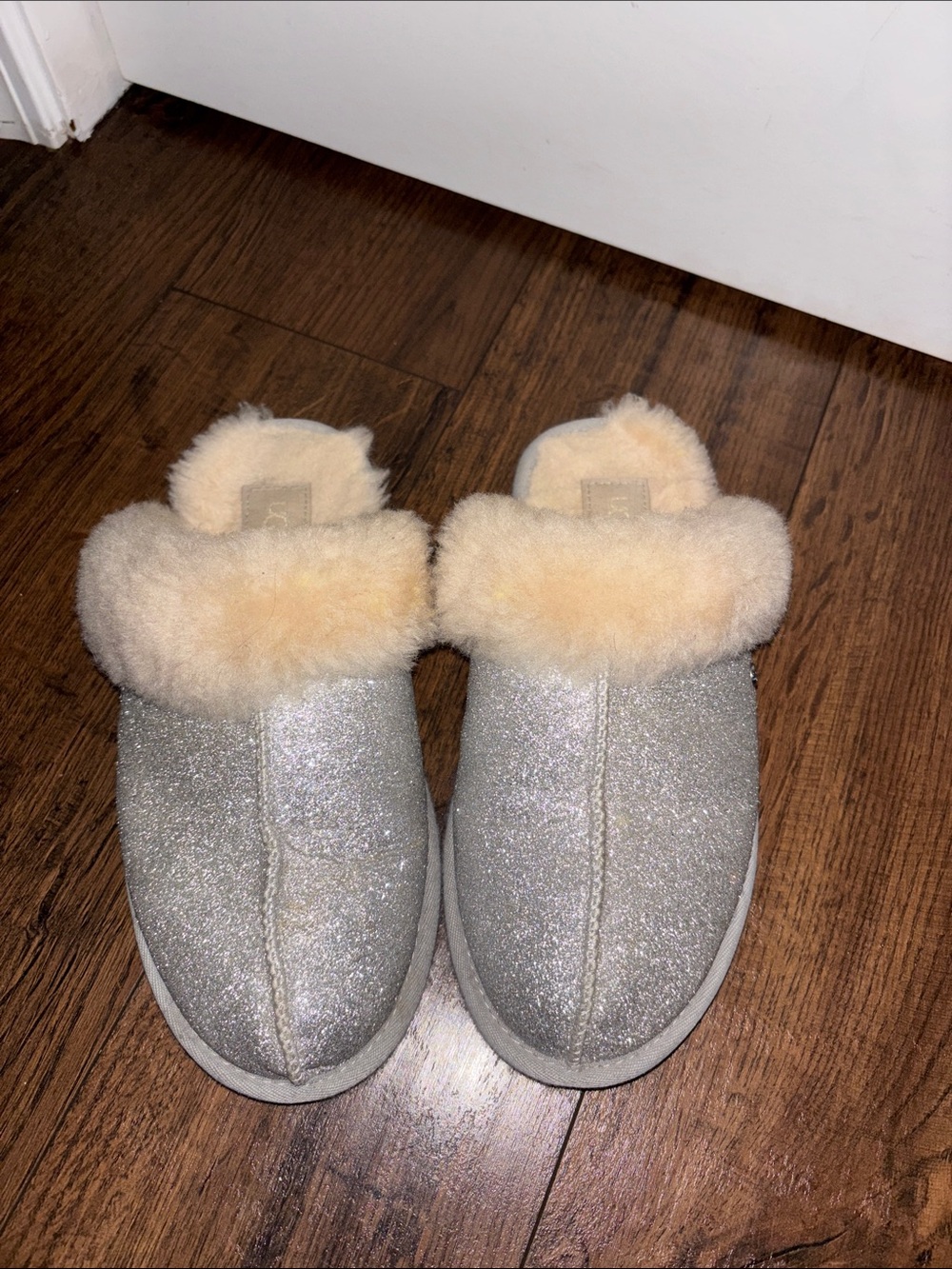UGG Silver Glitter Slip-On Slippers with Cream Shearling Collar